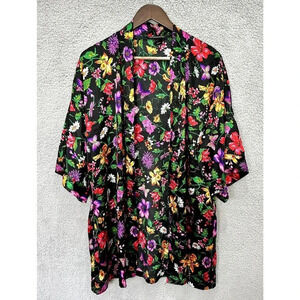 Victorias Secret kimono robe S/M satin black floral butterfly pockets boho fairy